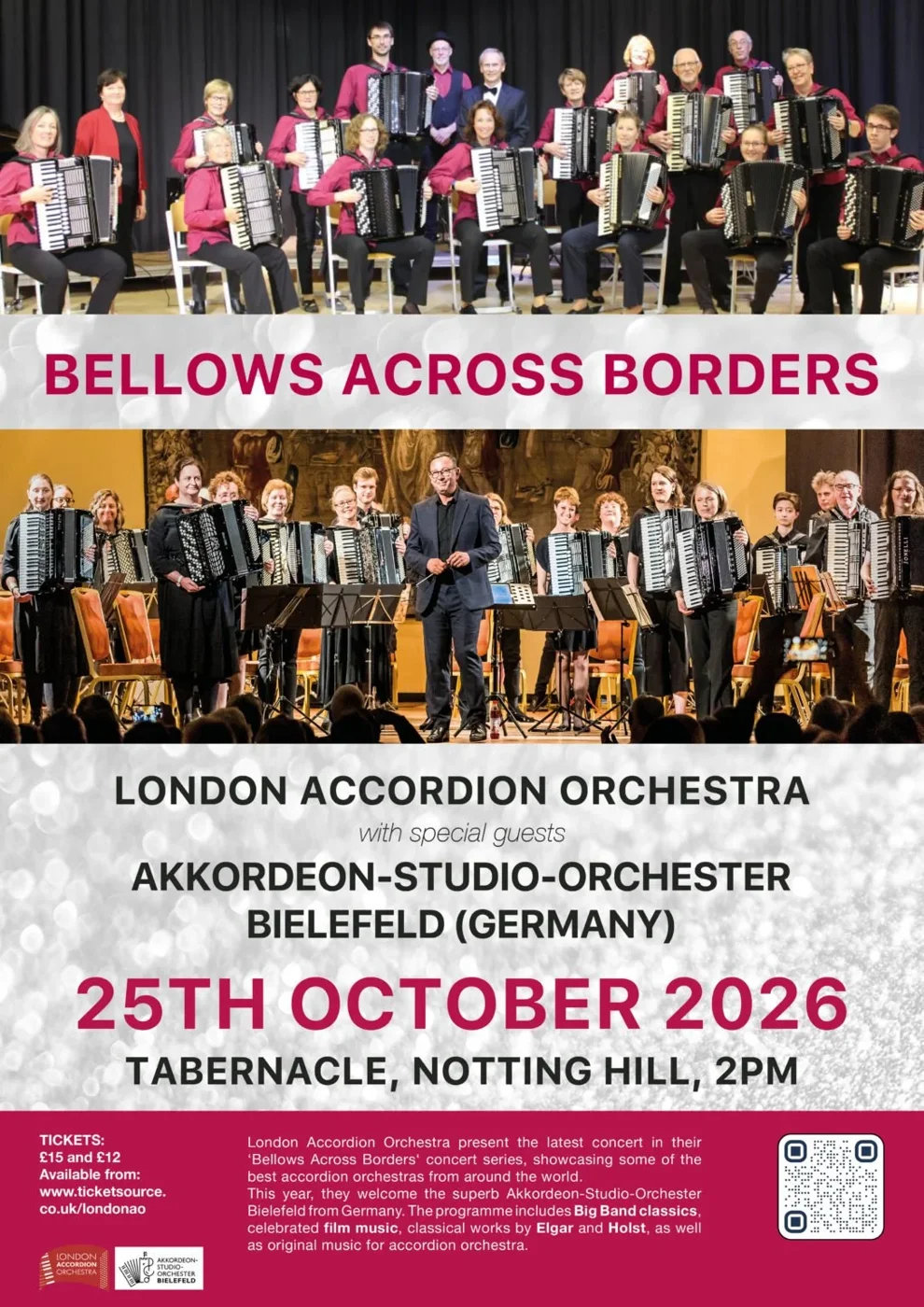 The Bellows Across Borders poster, with photographs of the orchestras, the date and ticket prices