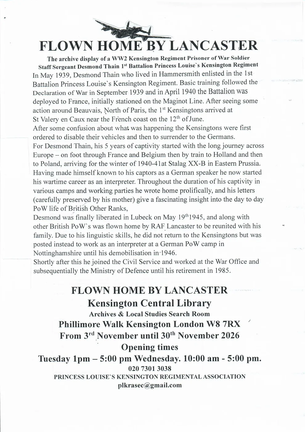 The Flown Home by Lancaster press release, a typed page headed by a drawing of a Lancaster bomber, giving Desmond Thain's story and the display's dates, venue and opening times