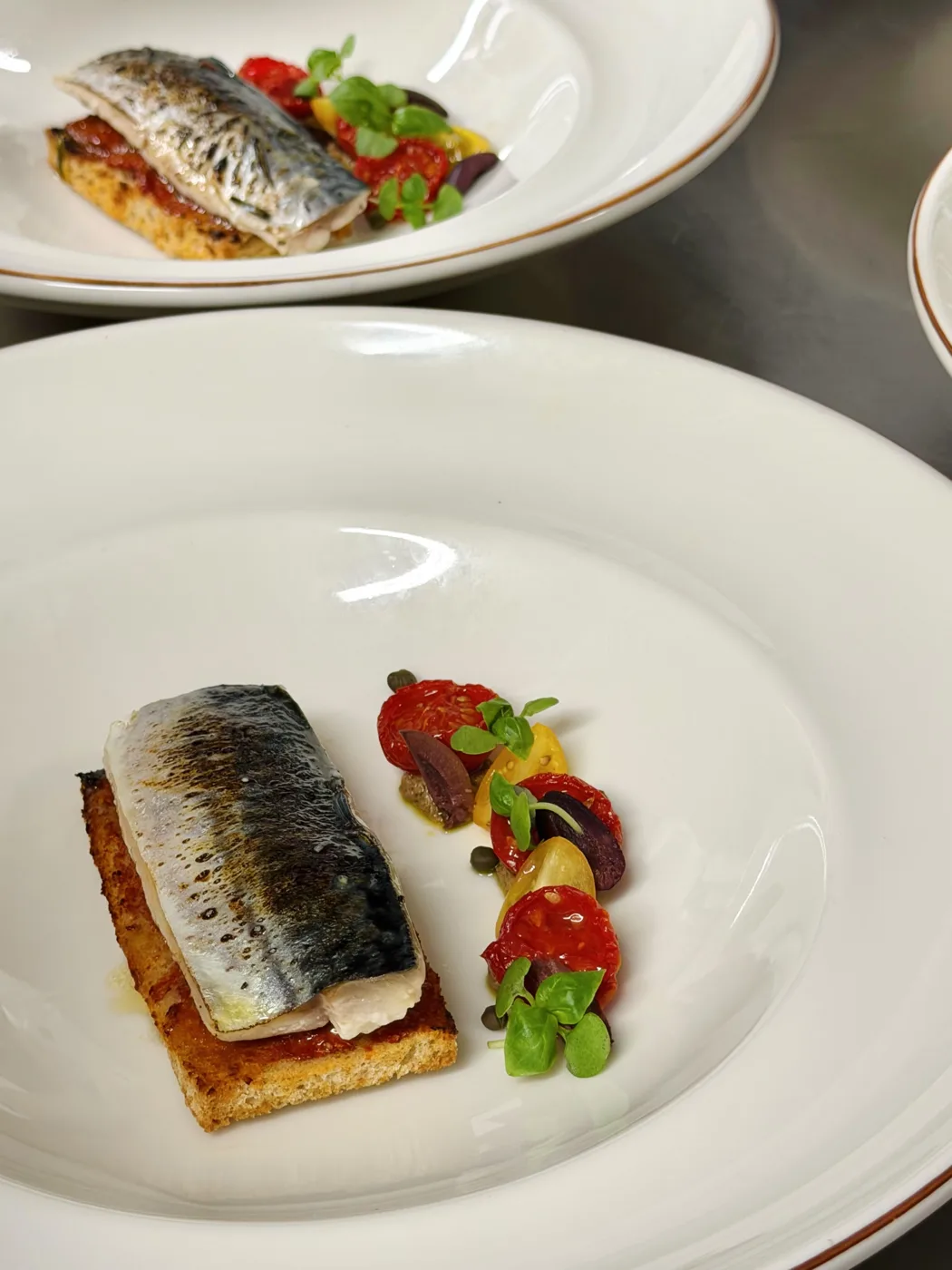 A fillet of fish with silver skin on toast, beside cherry tomatoes, olives and small herb leaves in a white bowl