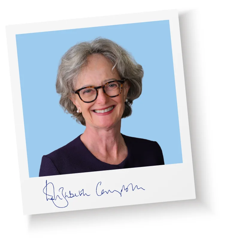 Portrait of Cllr Elizabeth Campbell, leader of Kensington and Chelsea Council, smiling, with her signature below