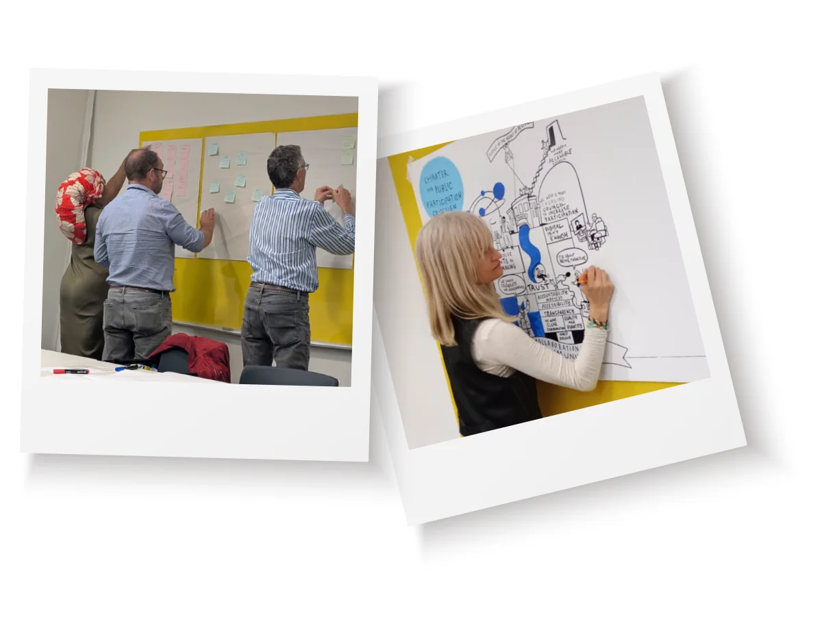 Two instant photographs: three people adding sticky notes to boards on a yellow wall, and a woman drawing an illustrated record of a public participation session