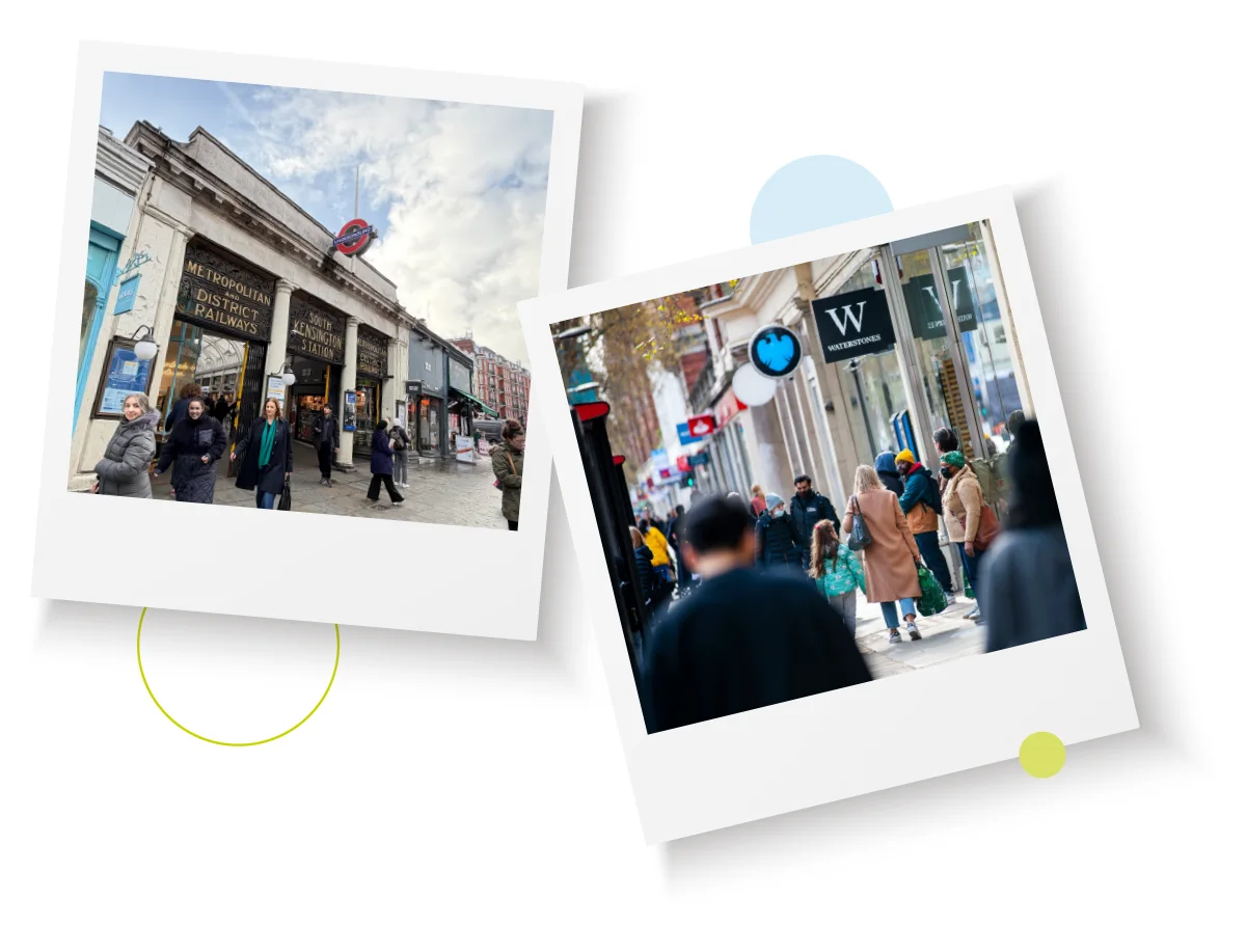 Two instant photographs: people outside the Metropolitan and District Railways entrance of South Kensington station, and shoppers on a high street outside Waterstones