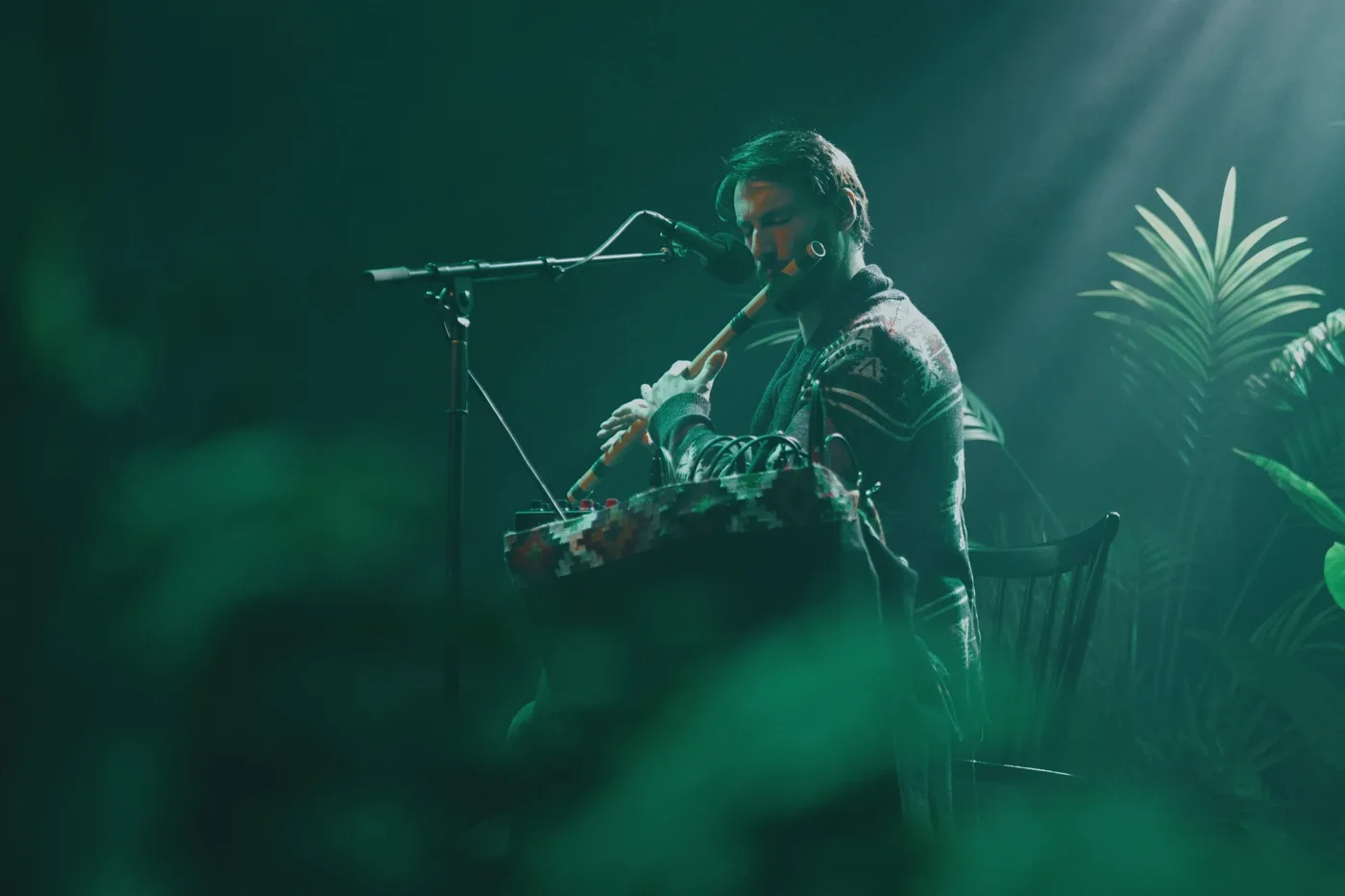 Christian Dimarco playing a flute on a stage dressed with ferns under green light
