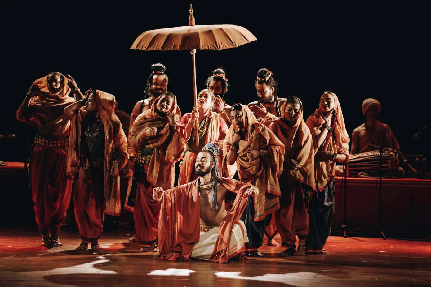 Performers on stage in Samvatsar Katha, curated by Tanusree Shankar, at Serendipity Arts Festival 2025 in Goa