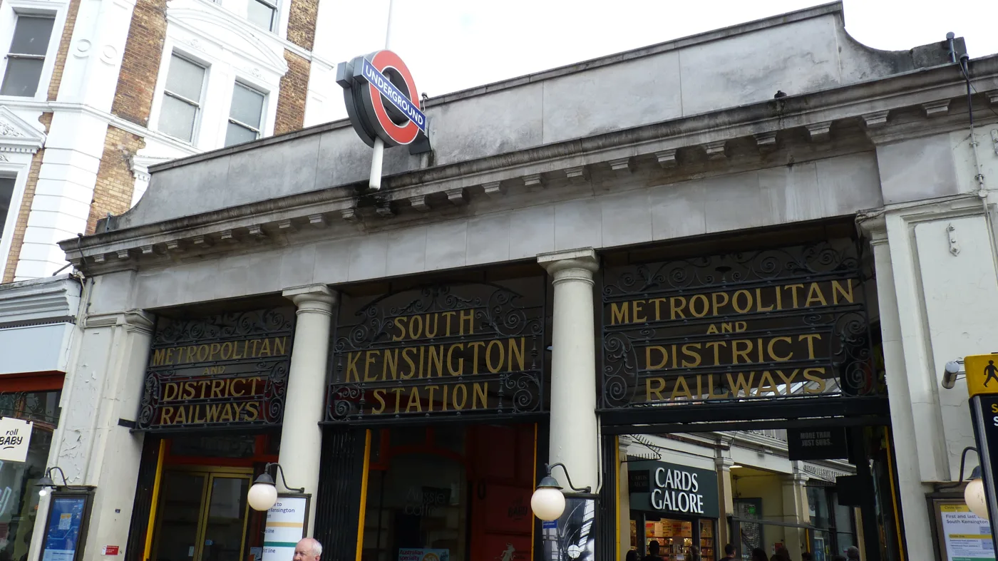 The Grade II listed frontage of South Kensington station, photographed in August 2024
