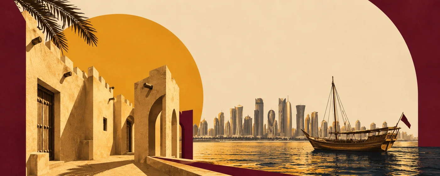 Doha's skyline and a dhow on the water seen past the walls of an old stone fort, under a large orange sun