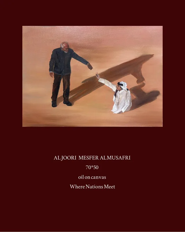 A man in a dark suit reaches down to a child in white on a sandy ground, their long shadows meeting