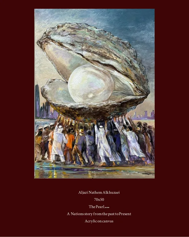 A giant open oyster holding a pearl, carried on the shoulders of a crowd in front of the Doha skyline