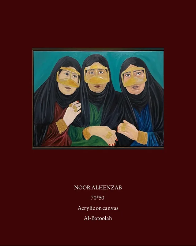 Three women in black with gold batoola face masks, side by side against a turquoise background