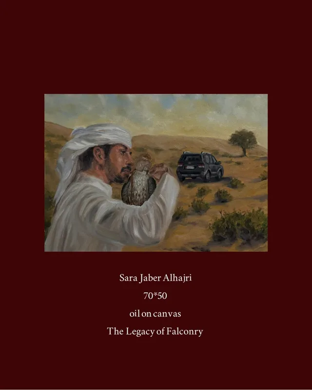 A man in a white ghutra holds a falcon in the desert, a 4x4 parked behind him
