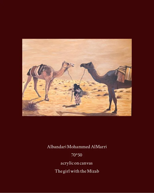 A small girl walks between two camels in a sandy desert