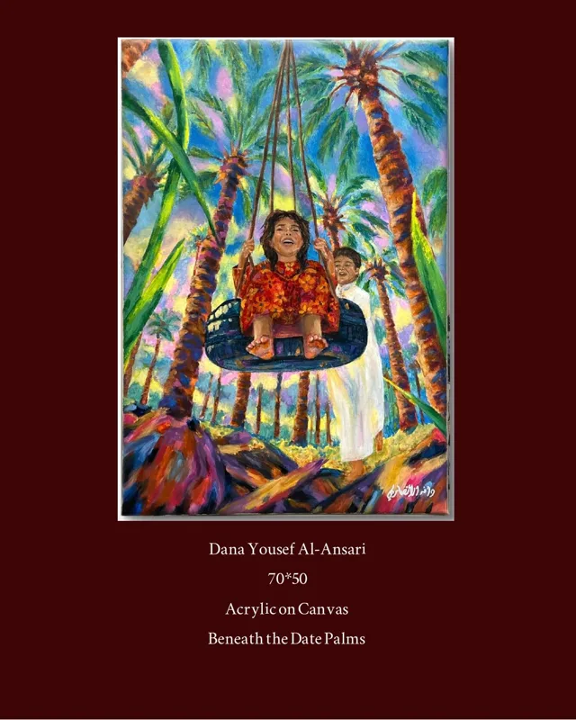 Two children on a swing hung between brightly painted date palms