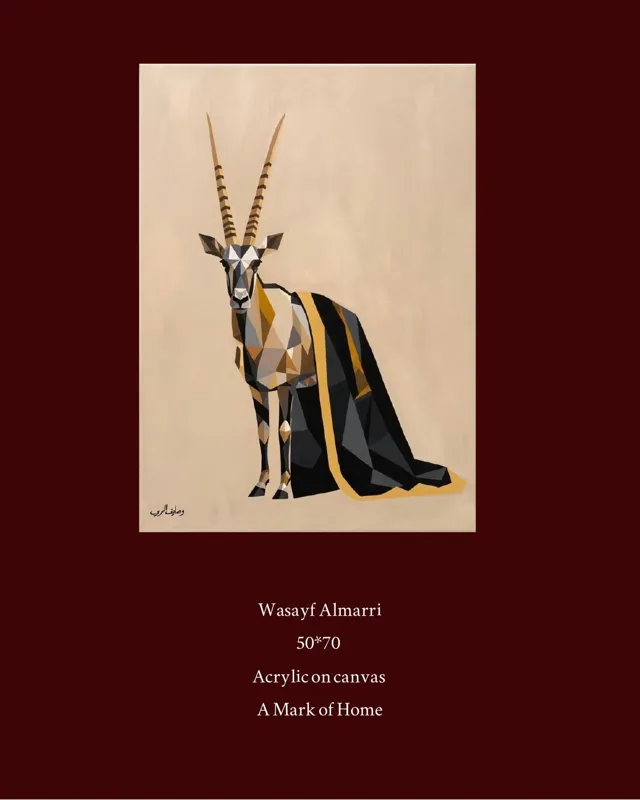 An oryx drawn in angular facets wearing a black and gold bisht