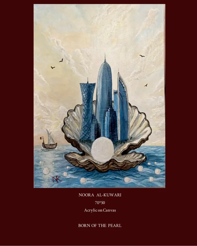 Doha towers rising from an open shell with a pearl, a dhow on the sea beside it