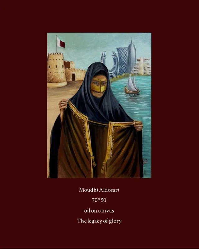 A woman in a gold batoola unfolds a cloak in front of a fort, the sea and city towers