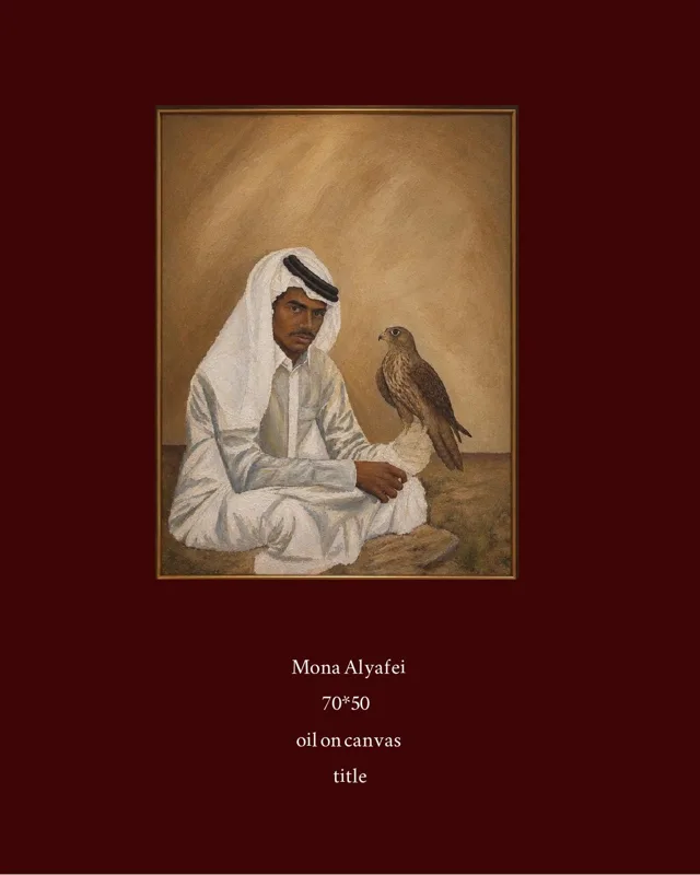 A seated man in a white ghutra with a falcon on his arm, in warm brown tones