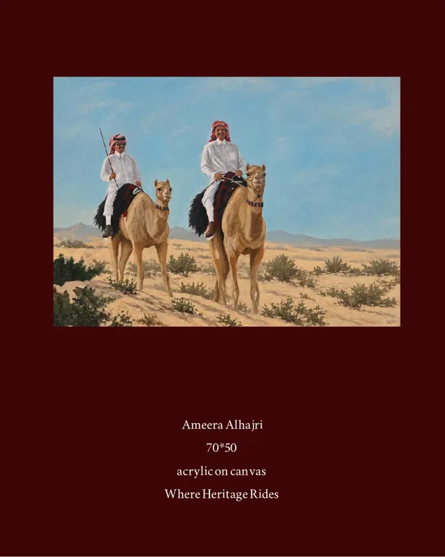 Two riders on camels crossing the desert under a blue sky