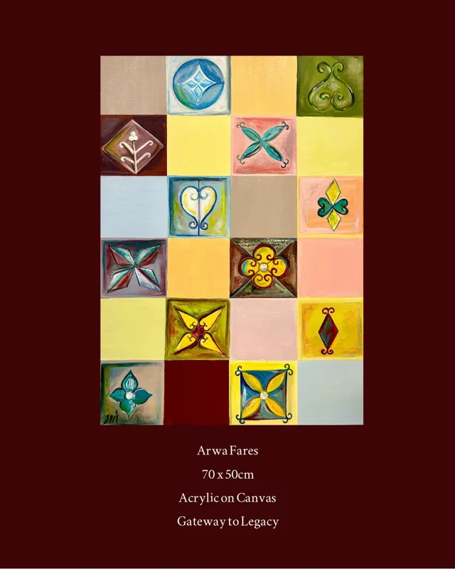 A grid of square tiles in yellow, pink and blue, each with a different traditional motif