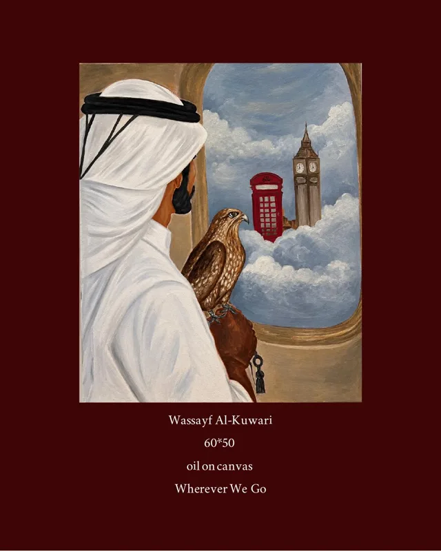 A man in a ghutra seen from behind with a falcon on his arm, looking at Big Ben and a red telephone box through an arched window