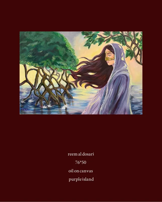 A woman in a lilac headscarf with her hair blowing, standing among mangroves at the water's edge