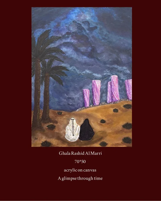 Two figures sit on sand under a stormy purple sky beside tall pink pillars and palms