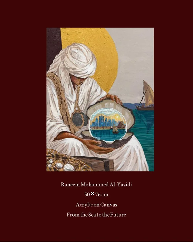 A man in a white turban holds a glass globe showing the Doha skyline, a dhow on the sea behind him