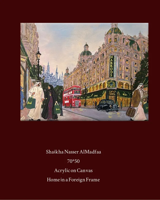 Shoppers in thobes and abayas outside Harrods, with a red double-decker bus and a black cab