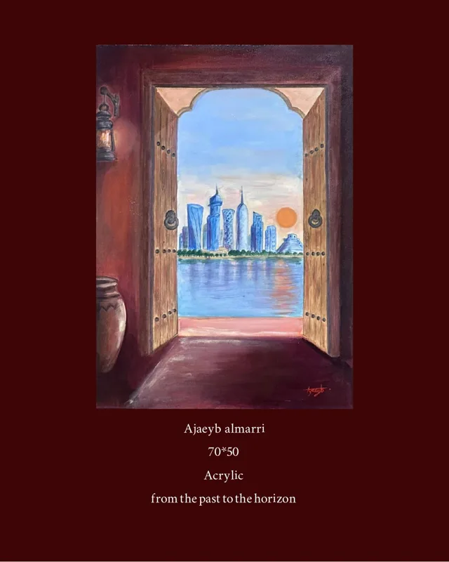 An open wooden door framing a view of Doha's towers across the water at sunset