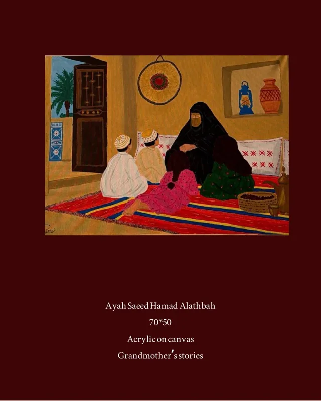 A grandmother in black tells stories to two children sitting on a red rug