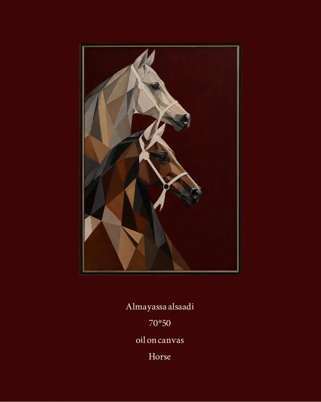 Two horses' heads, one white and one brown, built from angular facets
