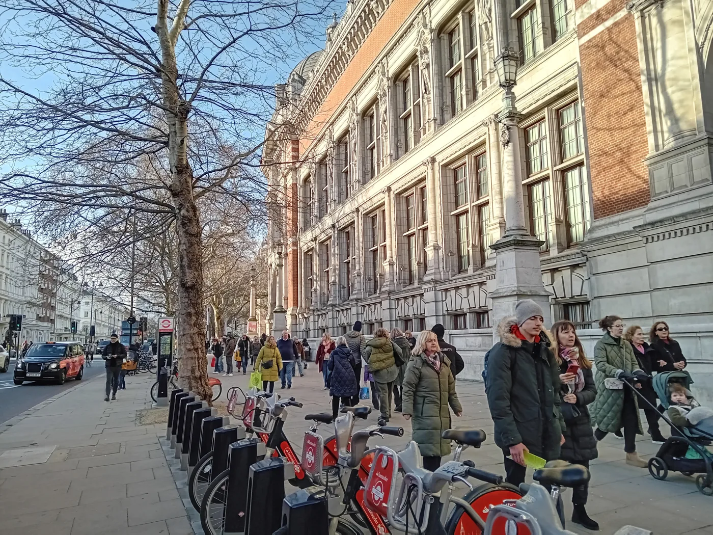 Visitors on Cromwell Road outside the V&A, photographed in December 2025, not during the strike